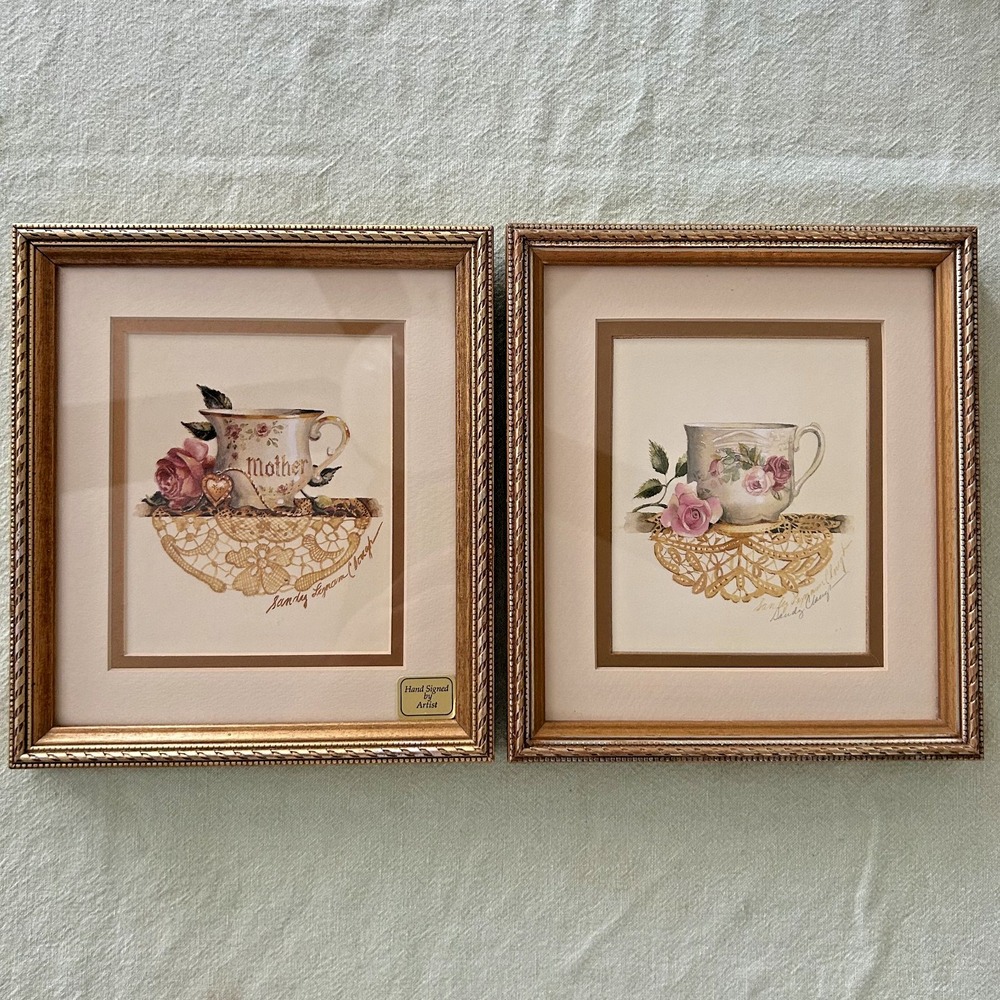 Set of 2 Sandy Lynam Clough Tea Cup Doily Framed Vintage Artwork Signed